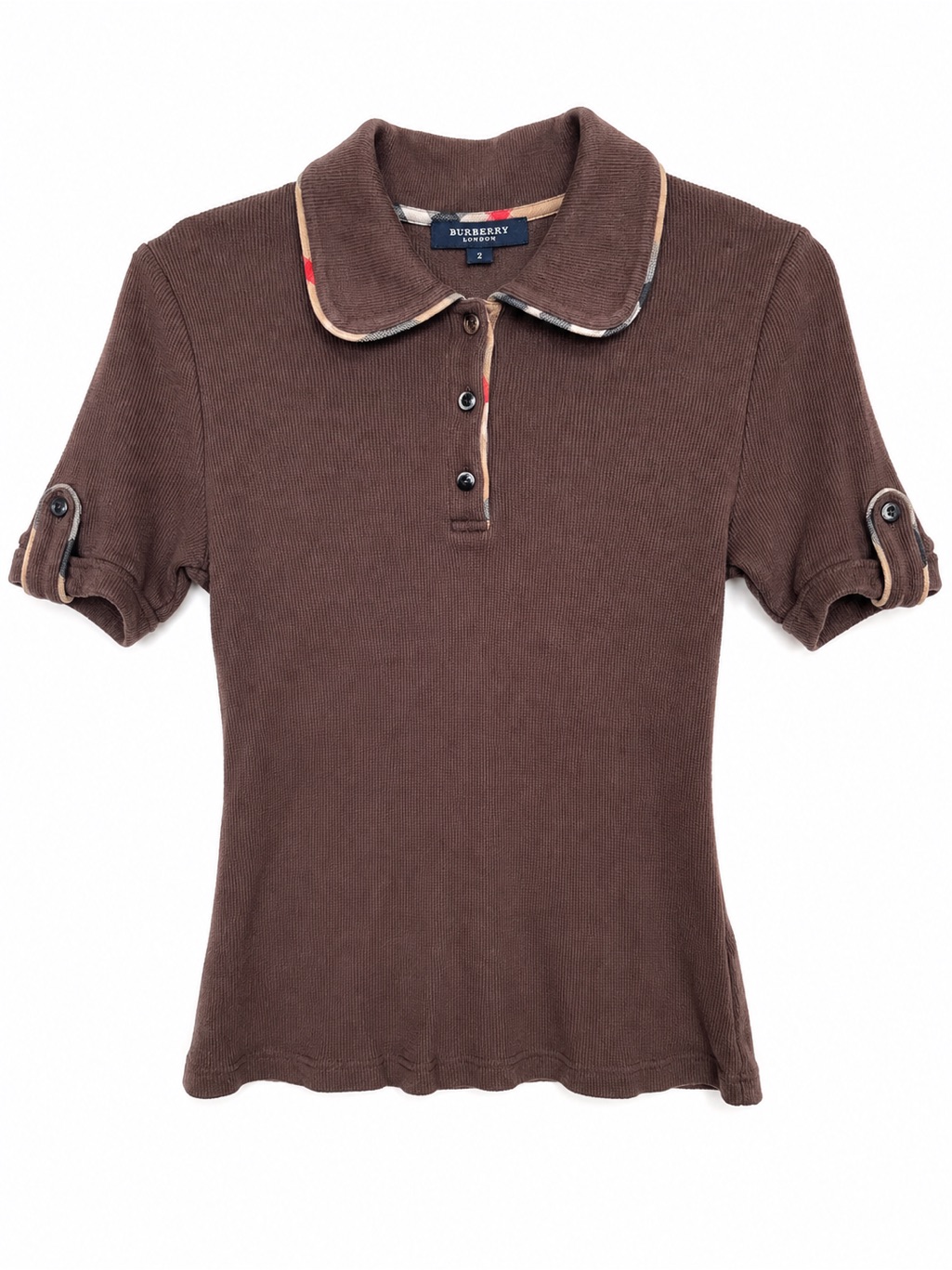 Burberry London Brown Waffle Knit Polo Shirt Nova Check Trim Size 2